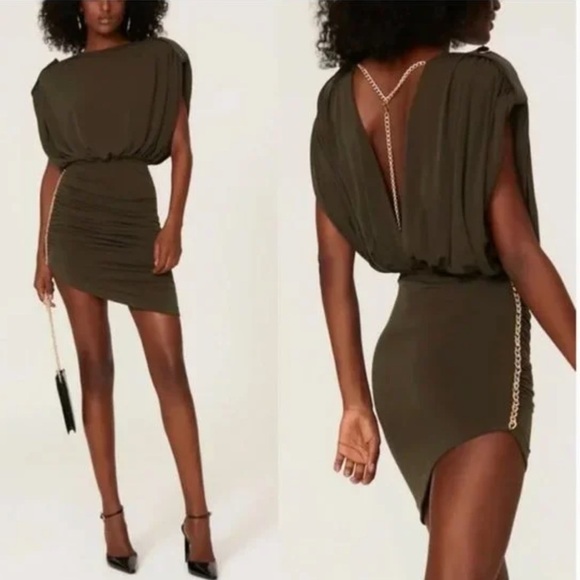 Retrofete- Olive Green “Chessie” Mini Bodycon Dress with Gold Chain Detail - Picture 1 of 14